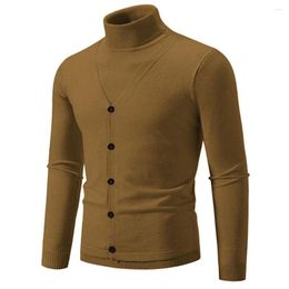 Men's Sweaters Men Knitted Sweater Stylish High Collar Button Decor Slim Fit Elastic Long Sleeve Solid Colour For Fall/winter