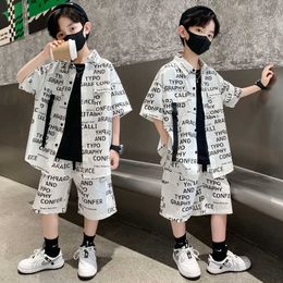 Clothing Sets Teen Boys Clothing Sets Summer Black Blue Short Sleeve Tshirt+Shorts 2Pcs New Cool Kids Casual Style Loose Sport Outfits 5-14Yrs