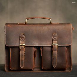 Briefcases Genuine Leathe Vintage Man Handbag Briefcase Men Shoulder Bag Preppy Style Satchel Business Fashion 15.6 Inch Laptop