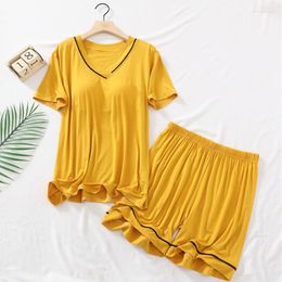 Women's Sleepwear Fdfklak Cotton Modal Comfortable Home Clothes Short Sleeve V Neck Pajamas For Women Chest Pad Sexy Pyjama Pour Femme Set