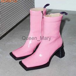 Dress Shoes Square Toe Chunky Heel Women Boots Zipper Midtube Strange Style Chelsea Boots Autumn Women Fashion Party Boots Pink Newest Shoe J230815