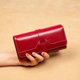 Wallets Women's Oil Wax Leather Vintage Wallet Long Large Capacity Three Fold Cowhide