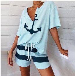 Women's T Shirts Fashion Casual Set 2023 Summer V-Neck Boat Anchor Short Sleeve Tie Shorts Loose Two Piece