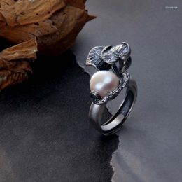 Cluster Rings Real S925 Sterling Silver Retro Exaggerated Personality National Style Pearl Leaf Ring MeiBaPJ Exquisite Gift Jewelry