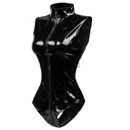 Women's Jumpsuits Rompers Black Crotch Zipper Sleeveless Sexy Spandex Bodysuit Leather Latex Catsuit PVC Jumpsuit Women Short PU BodySuit Clubwear HKD230814