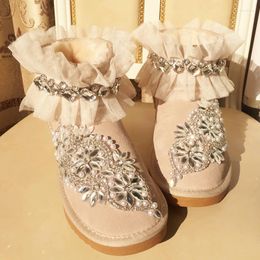 Boots Sparkling Rhinestones Ruffles Cute Women Snow Cow Suede Leather Ankle Winter Comfortable Flat Fur Shoes