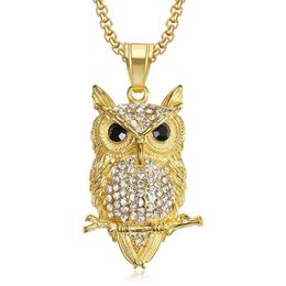 Pendant Necklaces Hip Hop Iced Out Owl Pendant Necklace For Women Gold Color Stainless Steel Animal Bling AAA CZ Necklace Women's Jewelry 230814