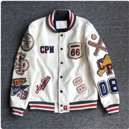 Multi-letter embroidery white baseball uniform men's explosive style baseball uniform retro leather jacket heavy industry coat S-2XL