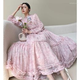 Casual Dresses High-end Pink Chiffon Dress Women 2023 Ruffles FLoral Print Pleated Layers Lantern Long Sleeve Holiday