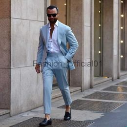 Sky Blue Men Suits Peaked Lapel 2 Pieces Single Breasted Blazer Sets Casual Suits for Man Blazer Jacket Tuxedos Wear Coat+Pant x0814