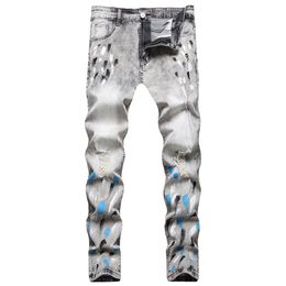 Men s Jeans Rock punk style design Men Painted Ripped Denim Streetwear Holes Distressed Gray Pants Slim Straight Trousers jeans 230814