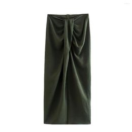 Skirts Army Green Knotted Skirt Women Elegant High-waist Split Midi Chic Lady Female Clothing 2023 Spring Summer