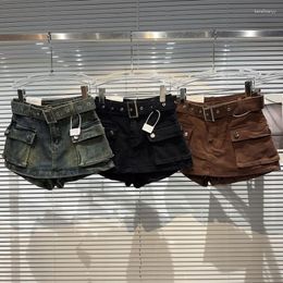 Women's Shorts BORVEMAYS 2023 Autumn Jeans Women Fashion Trend High Waist Belt Contrasting Colours Diamonds Slim WZ3821