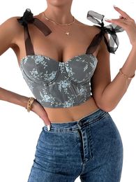 Women's Tanks Women S Y2K Trendy Embroidered Floral Corset Crop Top With Mesh Shoulder Straps And Drawstring Tank Vest