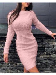 Casual Dresses Autumn Sexy Velvet Women's Dress Pink Long Sleeve Skinny O-neck Bandage Midi Winter Female Warm Fashion Elegant Clothes