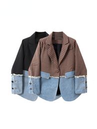Womens Suits Blazers Plaid Suit Denim Stitch Jacket Spring And Autumn Design Sense Korean Version Loose Long Sleeve Black Blazer Coat Female 230815