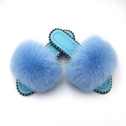 Slippers Slippers Summer Women Real Fur Fox Sandals Wholesale Plush Fur Flip Flops Slippers Women Home Female Slides Luxury Sandals Shoes X230519