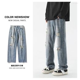 Men's Jeans Broken Spring And Summer Trend Korean Version Loose Versatile Worn Straight Tube Floor Cargo Pants Casual L