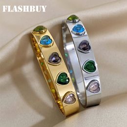 Bangle Flashbuy Trend Inlaid Coloured Crystal Heart Charm Stainless Steel Bangles Bracelets for Women Gold Colour Waterproof Jewellery 230814