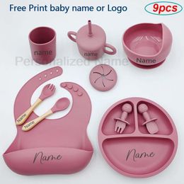 Cups Dishes Utensils 9Pcs Baby Silicone Feeding Sets Suction Cup Bowl Kids Spoon Fork Snack Personalised Name Baby s Tableware 230814