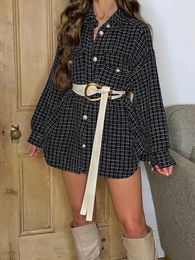 Womens Jackets Plaid Tweed Shacket with Pearl Button Up Collared Chest Pocket Oversized Classic Jacket for Women 230815