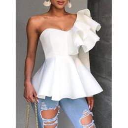 Women's Blouses Shirts One Shoulder Zipper Up Peplum Ruffle Tops Women One Long Sleeve White Blouse Shirt Elegant Ladies Party Blouse Summer 230814