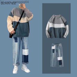Men's Sweaters Men's sweater Pullover two-piece knit trend loose winter cool jeans patch work fashion cuffs student Harajuku men Z230815