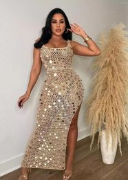 Casual Dresses Hirigin Women Crochet Knit Ribbed Sequined Hollow Out High Side Split Bodycon Midi Long Dress 2023 Beach Sexy Club Party