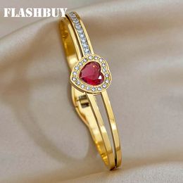 Bangle Flashbuy 316L Stainless Steel Bangles Bracelets for Women Romantic Inlay Red Love Heart Gold Colour Waterproof Jewellery Gift 230814