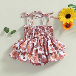 Girl's Dresses Infant Baby Girls Romper Dress Tree/Flower Print Sleeveless Tie-Up Strap Ruched Ruffles Sling Jumpsuit with Headband