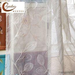 Curtain {byetee} White Leaves Curtains Embroidered Sheer Curtains for Living Room Bedroom Cortina Door Curtain for Kitchen Drapes R230815