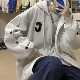 Men's Hoodies Towel Embroidered Hooded Cardigan Loose Fashion Zip Up Unisex Button Design Male Autumn Outwear