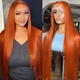 30 Inch Orange Ginger Lace Front Human Hair Wig 220%density 13x4 Bone Straight Lace Frontal Wig Pre Plucked Highlight Coloured Human Hair Wig