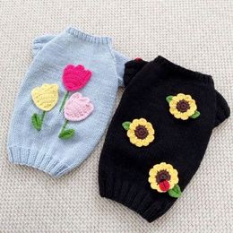 Dog Apparel Flower Knitted Sweater Dogs Clothing Pet Cotton Dog Clothes Costume French Bulldog Cute Autumn Winter Black Girl Collar Perro 230815