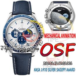 2023 OSF Moonwatch Silver Snoop Award Mens Watch Manual Winding Chronograp White Dial 50th Anniversary (Real mechanical animation) Blue Nylon Strap eternity Watches