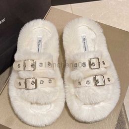 Slippers 2023 Women Winter House Furry Slippers Fur Home Slides Flat Indoor Shoes Flip Flops Zapato De Mujer Luxury Sandal Designer Flock X230519
