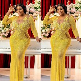 Gold Sparkly Sequins Prom Dresses Plus Size Sheer O Neck Long Sleeve Mermaid Evening Gowns Special Occasion Dress With Tassel