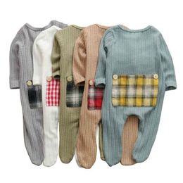 Rompers 0 9M born Toddler Baby Boy Girls Romper Plaid Patchwork Long Sleeve Jumpsuit Outfits Clothes 230814