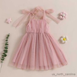 Girl's Dresses Kids Girls Dress Solid Colour Sleeveless Tie-Up Shoulder Strap Layered Tulle Cami Dress Summer Casual Clothes Princess Dress R230815