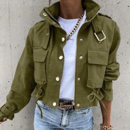 Women's Jackets Autumn Green Pockets Short Jacket Women Solid Stand Collar Long Sleeve Coat Casual Female Single Breasted Drawstring Slim