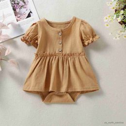 Girl's Dresses Newborn Girl Short Sleeve Romper Solid Color Button Round Neck Patchwork Dress Style Playsuit Casual Simple Summer Clothes R230815