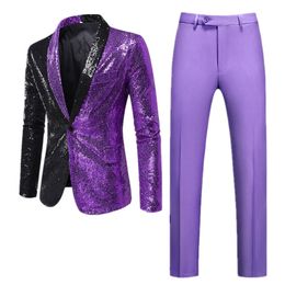 Men s Suits Blazers Unique Design Men Patchwork Sequin Suit 2 Piece Black Purple Blue Dance Bar KTV Casual Blazer Jacket and Pants 230815