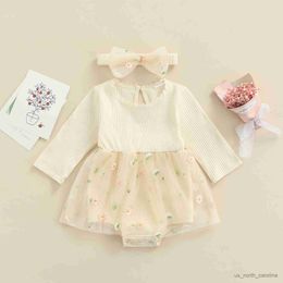 Girl's Dresses Newborn Infant Baby Girls Rompers Dress Cotton Playsuit Infant Sweet Long Sleeve Floral Tulle Jumpsuits Headband Outfit R230815