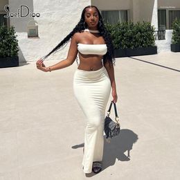 Work Dresses Soefdioo White Two Piece Set Women Sexy Wrapped Chest Backless Tops And Bodycon Maxi Skirt Suits 2023 Elegant Night Club