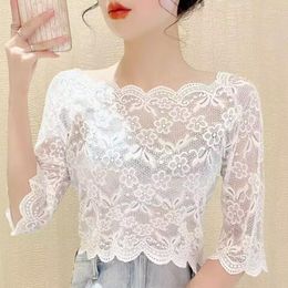 Women's T Shirts Female T-Shirt Transparent Cropped Tops Tee Slim Ladies T-Shirts Summer Floral Lace Blouse Black White Long Sleeve Top Sexy