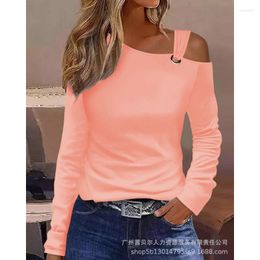 Women's T Shirts Autumn Sexy Slim Fit Solid Printing Hollow Out Off Shoulder T-shirt 2023 Women Top Long Sleeve V-neck