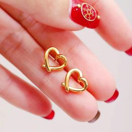 Stud Earrings Pure 24K Yellow Gold Women 3D 999 Heart