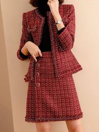 Womens Two-Piece Tweed Suit Set Red Beaded Jacket and Skirt for Winter Office Work