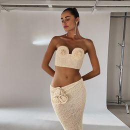 Two Piece Dress Summer Knitted Dress Set Women Sexy See Through Beach Vacation Outfits Beige Bandage Tube Top Two Piece Maxi Skirt Set 230815