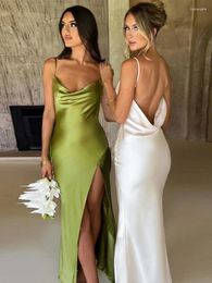 Casual Dresses Stretch Satin Backless Maxi Dress For Women Robe Summer Spaghetti Strap Sleeveless High Split Sexy Long